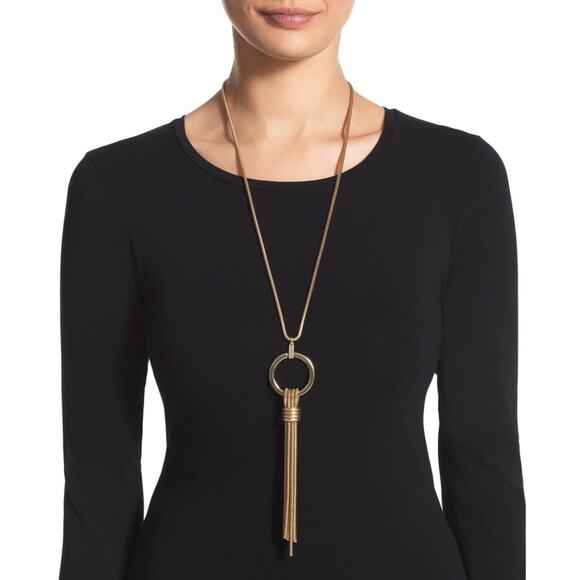 CHICO’S Gabby Pendant Necklace Gold Looped Long Snakechain Tassel - Picture 1 of 9